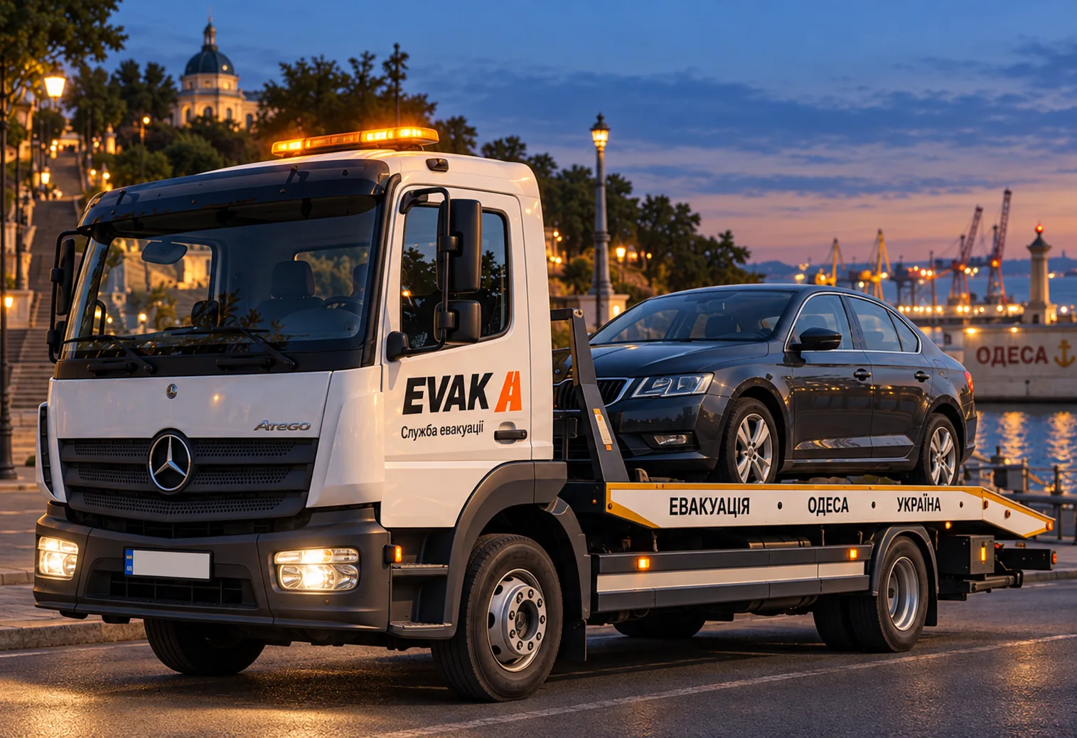 Евакуатор EVAK з легковим автомобілем на набережній Одеси ввечері